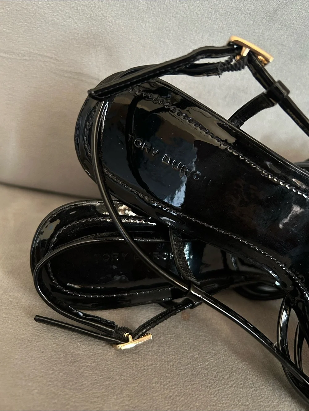 Tory Burch MULTI-STRAP ESPADRILLE WEDGE Black Patent Leather Sandals 7.5